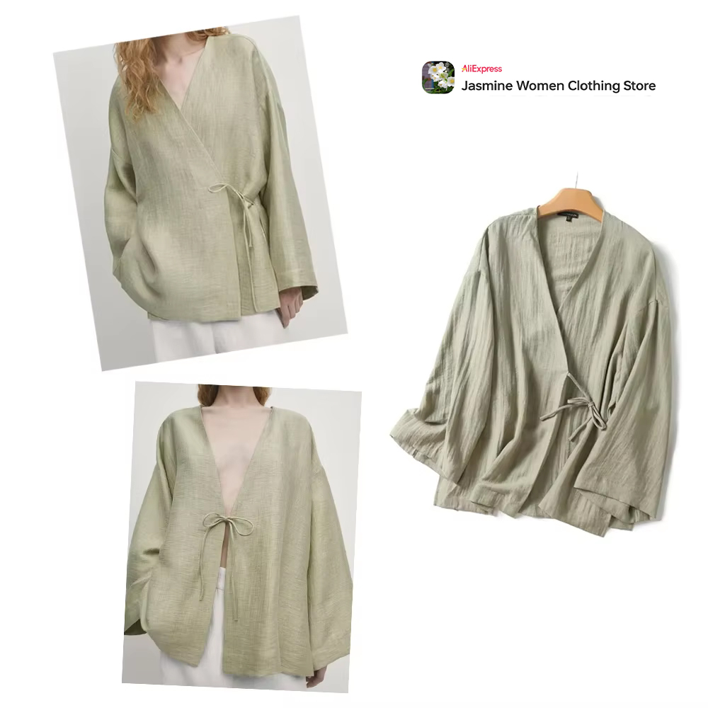 Sewing V - Comfortabele olijfblouse met stropdassen, lange mouwen,