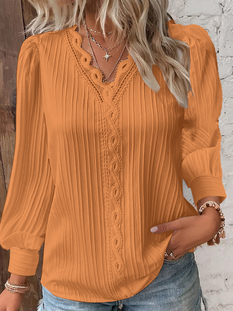 Sewing V - Witte damesblouses Kanten stiksels V-hals Eenvoudig